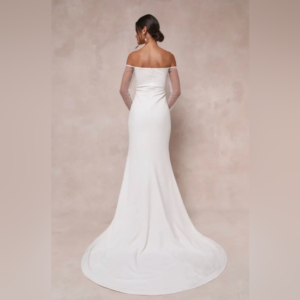 Eternally Beloved White Mesh Off-the-Shoulder Pearl Maxi Wedding/ Bridal Dress